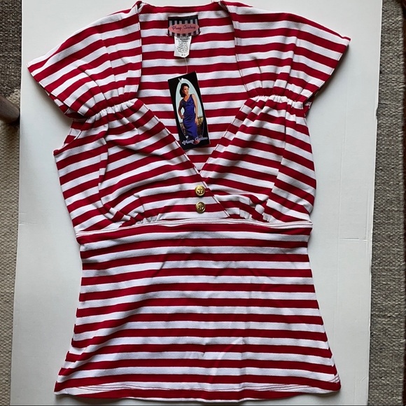 Pinup Couture Tops - NWT Pinup Couture sexy plunging red and white striped top XS pin up girl shirt